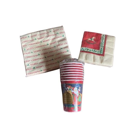 Lot of NOS Vtg Christmas Party Paper Cups and Napkins Hallmark New Holiday New - Picture 1 of 8